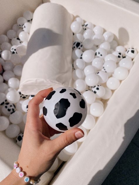 Ball pit first rodeo theme birthday party. Cow print balls for white ball print Rodeo Theme Birthday Party, Cow Themed Birthday Party, First Rodeo Party, Wild West Birthday Party, Wild West Birthday, 1st Rodeo, Rodeo Birthday Parties, Cow Birthday Parties, Rodeo Party