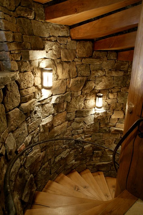 Love stonework of any kind in a home...stonework on a stairway-unique! Log Home Decorating, Cellar Design, Log Cabin Homes, Stone Walls, Spiral Staircase, Stone Houses, Cabin Homes, Cabins In The Woods, Log Homes