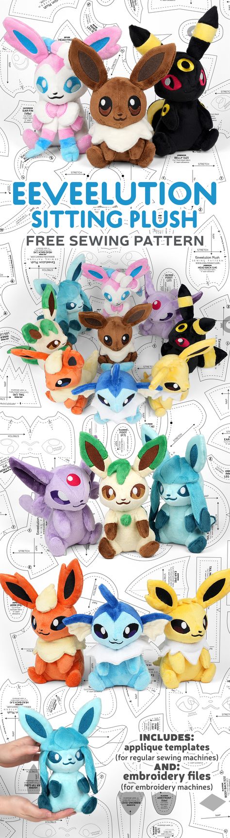 Sewing Patterns Plushies Pokemon, Eevee Sewing Pattern, Diy Pokemon Plush, Pokemon Plushies Pattern, Eevee Plush Pattern, Pokemon Plush Pattern Free, Free Pattern Friday, Pokemon Sewing Patterns Free, Felt Plush Pattern Free