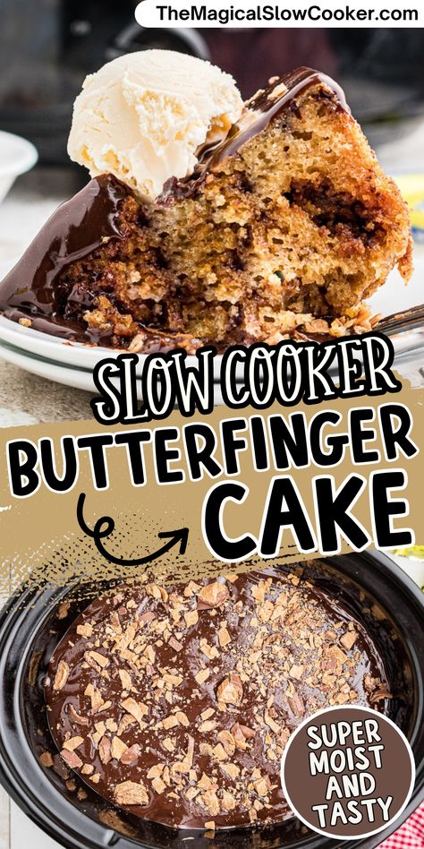 This six-ingredient Slow Cooker Butterfinger Cake is super moist and is an easy dessert that takes just a few minutes to put together. Trust me when I say that this Butterfinger cake will become your favorite dessert and a huge hit with others. - The Magical Slow Cooker Butterfinger Sheet Cake, Crockpot Desserts Easy, Crock Pot Dessert, Butterfinger Cake, Crockpot Desserts, Magical Slow Cooker, The Magical Slow Cooker, Slow Cooker Desserts, Favorite Dessert