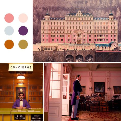 Grand Budapest Hotel Color Palette, Hotel Color Palette, Wes Anderson Design, Wes Anderson Color Palette, Interior Palette, Wes Anderson Style, Movie Color Palette, The Grand Budapest Hotel, Damien Chazelle