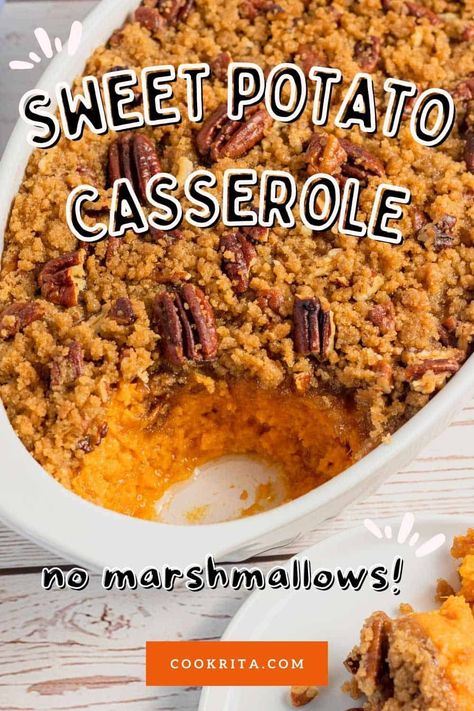 This easy sweet potato casserole without marshmallow topping is the perfect side dish for the holiday table at Thanksgiving dinner or Christmas dinner. It's a classic dish that's both comforting and wholesome - loaded with mashed potatoes, melted butter, spice, sugar, maple syrup, and eggs. Sweet Potato Casserole Without Marshmallows, Sweet Potato Casserole With Maple Syrup, Mash Sweet Potato Recipes, Sweet Potato Casserole With Pecans, Bourbon Sweet Potatoes, College Meal, Sweet Potato Casserole Healthy, Marshmallow Topping, Best Sweet Potato Casserole