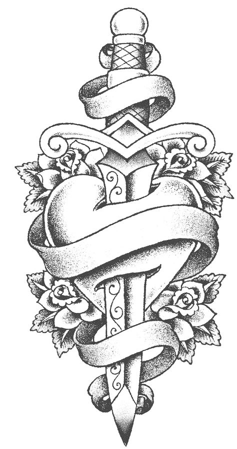 Dagger Tattoo Stencil, Heart With Banner Tattoo, Knife Through Heart Tattoo, Heart With Dagger Tattoo, Heart With Swords Tattoo, Big Heart Tattoo, Dagger Heart Tattoo, Remembrance Drawing, Tattoo Ideas Female Stencil