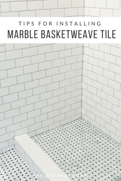 Tips for installing marble basketweave floor tile in your bathroom and shower. This marble floor tile was tricky to install, but we prevailed using a wet saw and tile file. Come read more tips to tile a bathroom floor, especially a tricky tile like this one! #marbletile #tile #bathroom #tiling #basketweave #marblebasketweave #blackandwhitebathroom Bathroom With Basketweave Tile Floor, Basket Weave Tile Bathroom, Basketweave Tile Floor With Border, Basketweave Tile With Border, Vintage Basketweave Tile Bathroom, Basket Weave Tile Shower Floor, Basketweave Marble Tile Bathroom Floor, Basketweave Tile Bathroom, Guest Bathroom Renovation