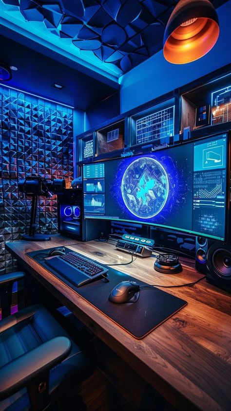 Futuristic neon command center with advanced monitors and global data analysis. Ideal for digital planning and efficiency. Cybersecurity Setup, Cool Gaming Rooms, Trading Office, Room Setup Ideas, Small Game Rooms, Best Gaming Setup, Basement Office, Anime Places, Computer Desk Setup