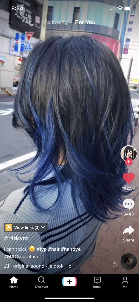 Black Hair With Blue Highlights, Denim Blue Hair, Shoulder Length Wavy Hair, Midnight Blue Hair, Dark Black Hair, Blue Hair Highlights, Purple Streaks, Blue Black Hair, Dark Blue Hair