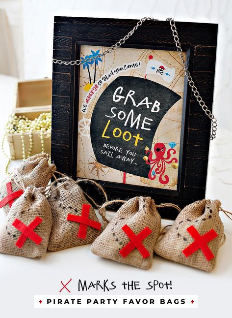 “X Marks the Spot” Pirate Party Favor Bags // Hostess with the Mostess® Pirate Themed Graduation Party, Pirate Gift Bags, Walk The Plank Pirate Party, Dinosaur Pirate Party, Pirate Dessert Table, Pirate Party Bags, One Piece Party Ideas, Diy Pirate Decorations, Pirate Pool Party