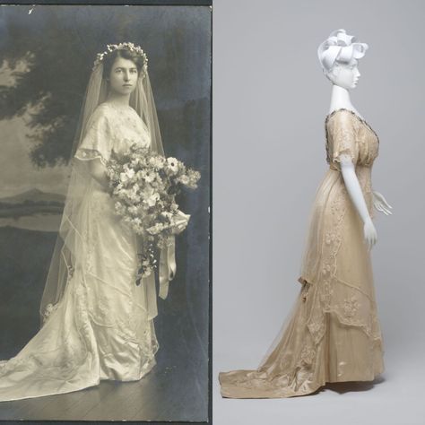 Wedding dress worn by Euphemia Gall, 1912. Cream silk satin and 'Honiton' lace with empire waistline and trimming of silver wire and pearl daisies. Apron and overskirt of lace and train trimmed with fabric rose buds. #fashionhistory #edwardian #weddingdress #1910sfashion #bride #historicalfashion #historicaldress #australian #herstory #lace #researchingtheromance 1910s Wedding Dress, Edwardian Bride, 1910s Wedding, Appalachian Wedding, 1900s Wedding, Honiton Lace, Victorian Ghost, Edwardian Wedding Dress, Edwardian Wedding