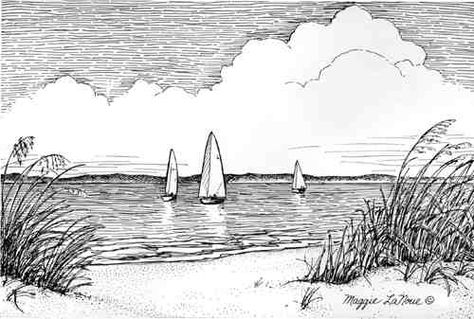 Sailboats and Clouds Beach Ink Drawing, Art Drawings Landscape, Lake Scenes, Beach Sketch, Beach Sketches, Landscape Pencil Drawings, Clouds Landscape, Pen Art Drawings, Cloud Drawing