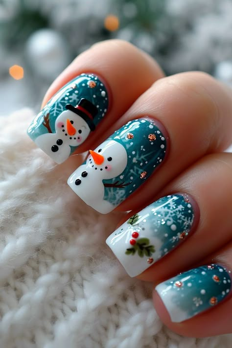 Cute Spring Gel Nails, Snowman Nail Designs, Spring Gel Nails, Simple Snowman, Snowman Nail, Snowman Nail Art, Luxury Nail Art, Nail Polish Art Designs, Xmas Nail Designs