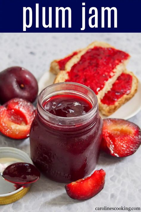 This easy plum jam has a wonderfully sweet and fruity flavor, with a touch of warm spice. It's lower on sugar but that lets the fruit flavor shine - no wonder it quickly became a family favorite. #jam #plums #homemadejam Canned Plum Jam, Refrigerator Plum Jam, Sugar Plum Jam, Spicy Plum Jam, Plum Pudding Recipe, Plum Jam No Pectin, Sure Jell Plum Jam, Plum Jam Recipe, Plum Jam Recipes