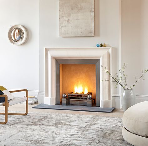 A robust example of a bolection, a moulding popularised by Christopher Wren following his tours of Italy and seen in his work throughout Hampton Court Palace. Fireplace Partition, Black Fireplace Surround, Limestone Fireplace Surround, Modern Mantel, Mantle Design, Fire Surrounds, Slate Hearth, Mantel Design, Limestone Fireplace