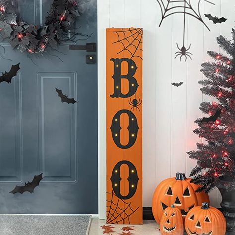 Amazon.com : Glitzhome 42" H Halloween Porch Board Sign with 12 LED Lights, Lighted Halloween "BOO" Hanging Signs or Lean Against Wall Standing Sign, Welcome Halloween Decorative Plaques for Front Door Outdoor : Patio, Lawn & Garden Pumpkin Porch Decor, Porche Halloween, Halloween Signs Diy, Halloween Porch Sign, Porch Pumpkins, Wooden Porch, Halloween Yard Decorations, Halloween Porch, Halloween Yard