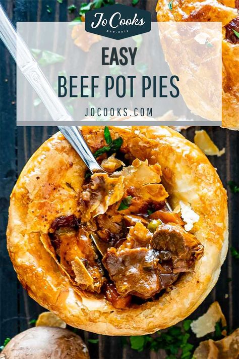 Beef Pot Pies - Jo Cooks Beef Pot Pie Recipe Easy, Potpie Recipe, Beef Wellington Pot Pie, Mini Beef Pot Pies, Mini Beef Pot Pies Easy, Individual Beef Pot Pies, Beef Pot Pie With Puff Pastry, Beef Pot Pie With Potatoes, Mini Beef Pies