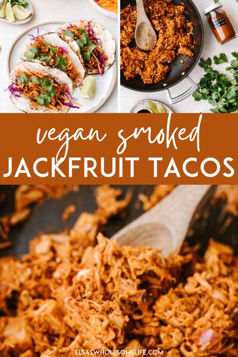 These smoked jackfruit tacos are some of the best vegan tacos you'll ever try. If you're looking for delicious smoked jackfruit recipes, try these vegan jackfruit tacos, one of my favorite vegan dinner recipes. | elsas wholesome life food | elsas wholesome life recipe | jackfruit tacos vegan | jackfruit tacos easy | jackfruit tacos easy vegan | jackfruit recipes vegan tacos | jackfruit tacos vegan recipes for Smoked Jackfruit, Vegan Jackfruit Recipes, Jackfruit Tacos Vegan, Vegan Party Snacks, Vegan Dinner Rolls, Tacos Easy, Vegan Jackfruit, Tacos Vegan, Jackfruit Tacos