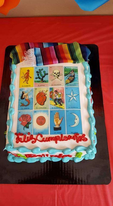 Loteria/Mexican Birthday Party Ideas | Photo 10 of 17 | Catch My Party Mexican Birthday Party Ideas, Mexican Birthday Party, Mexican Theme Party Decorations, Mexican Cake, Mexico Party, Mexican Birthday Parties, Fiesta Cake, Mexican Fiesta Party, Fiesta Birthday Party