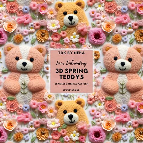 Faux Embroidery, Statement Wallpaper, Teddy Bears Valentines, Wrapping Papers, Fabric Printing, Junk Journaling, Repeat Pattern, Spring Floral, Cute Pattern