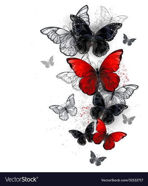 Black And Red Butterfly Tattoo, Red And Black Butterfly Tattoo, Red And White Tattoo, Black And Red Tattoo Design, Red And Black Tattoo Ideas, Red And Black Tattoos, Red Black Tattoo, Red Black Butterfly, Flock Of Butterflies