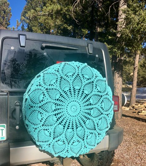 Jeep Wheel Cover Spare Tires, Crochet Jeep Tire Cover, Jeep Wheel Cover, Tire Covers For Jeeps, Crochet Tire Cover, White Jeep, Jeep Tire Cover, Jeep Ideas, Crocheting Patterns