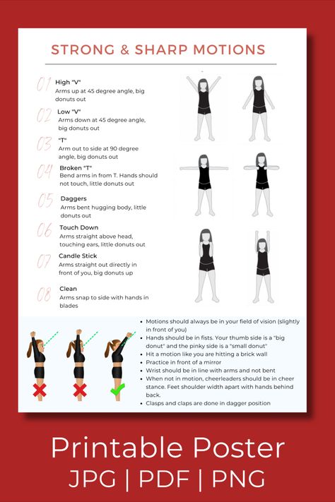 #cheerleading #cheermotions #cheercoach #printableposter #highV #lowV #cheerleaderposter #cheerleadingposter #cheerleadergift #instantdownload #cheerlife #strongmotions #howtocheer #howtoguide #sharpmotions #cheerstrength #cheerpractice #cheergym #cheerleadingcomp #cheerleadingcoachposter #printablecheermotions Cheer Motions, Cheerleading Motions, Cheerleading Skills, Cheer Coach, Easy Reference, Cheer Coaches, Digital Poster, Locker Room, Connecticut