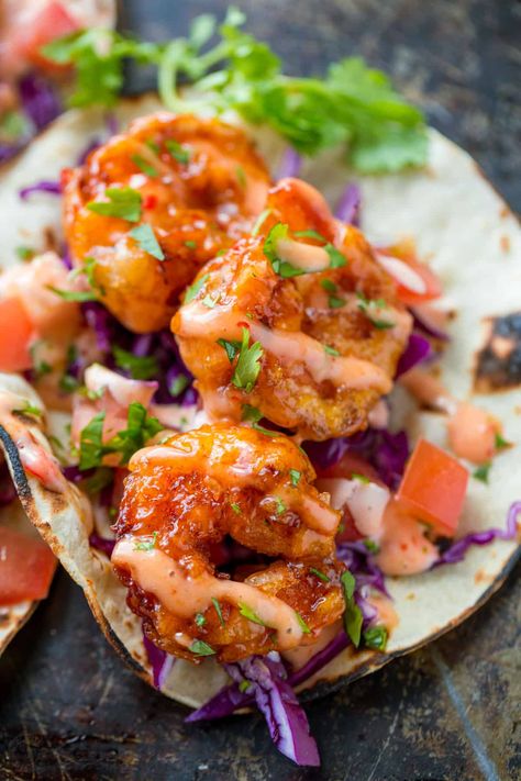 Bang Bang Shrimp Tacos, Pescatarian Dishes, Dynamite Shrimp, Natasha Kitchen, Natashas Kitchen, Sweet And Spicy Shrimp, Food References, Shrimp Taco, Spicy Shrimp Tacos