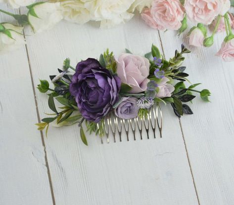 Bridesmade Hairstyles, Plum Fabric, Wedding Flower Comb, Bridesmaid Outfit Ideas, Bridal Flower Comb, Bridal Hair Pieces Flower, Wedding Hair Flower, Eucalyptus Flower, Purple Bouquets