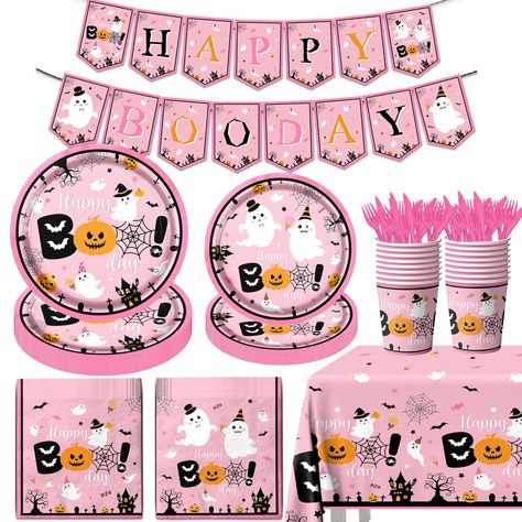 PRICES MAY VARY. Halloween Party Decoration: Pink Halloween Party Supplies include -1pcs Pink Halloween Table Cloth 70.8x42.5inch, 20pcs Paper Dining Plate (9inch) 20pcs Dessert Plate (7inch) 1pcs Happy Boo Day Banner (5.51x7.08inch) 40pcs Boo Napkin (6.5x6.5inch) 20 pairs of knives and forks, 20pcs Cup (90oz) This Happy Boo Day Halloween set is suitable for 20 people to use, perfect for ghost decoration and unforgettable time with friends! High quality materials: All of our Halloween themed par Halloween Table Cloth, Happy Boo Day, Halloween Birthday Decorations, Pink Halloween Party, Halloween Party Plates, Table Cloth Decorations, Ghost Party, Girl Birthday Decorations, Ghost Decoration