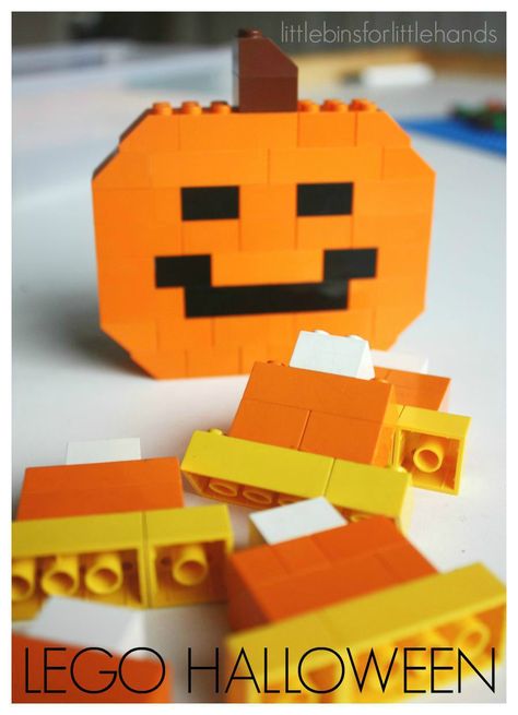 LEGO Halloween Jack O Lantern Pumpkin Candy Corn. Simple STEM challenge for kids using LEGO bricks to build candy corn and pumpkins or Jack O'Lanterns. Lego Pumpkin, Halloween Lego, Halloween Stem Activities, Lego Candy, Halloween Stem, Halloween School Treats, Lego Halloween, Halloween Science, Lego Challenge