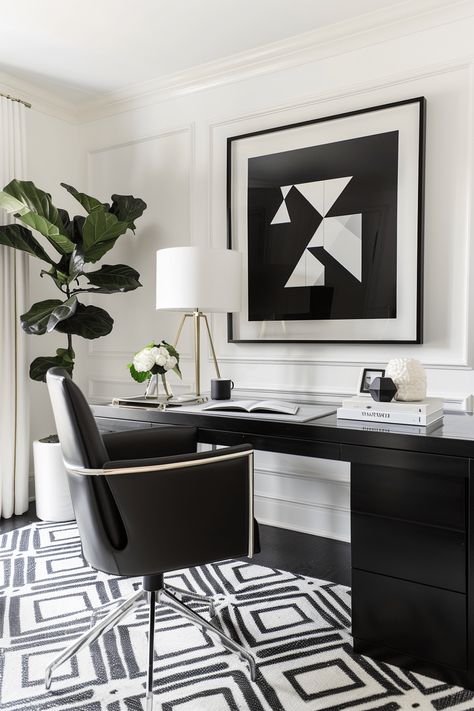 31+ Chic Home Office Ideas to Revamp Your Workspace Black And White Office Ideas, Chic Home Office Ideas, Feminine Home Office Classy, Home Office Library Ideas, White Office Ideas, Black And White Home Office, Chic Home Office, White Office Decor, Chic Office Space