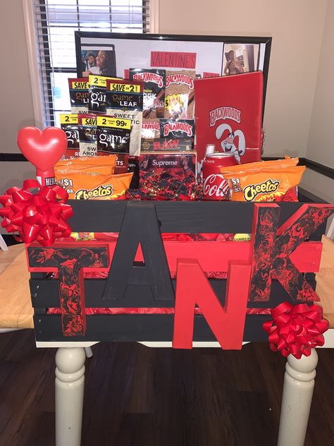 My Man Birthday Gift Ideas, Boys Vday Basket, Smokers Valentine Basket, A Gift For My Boyfriend, Red And Black Gift Basket Ideas For Him, Red Birthday Basket For Boyfriend, Sweetest Day Baskets For Men, Sweetest Day Gifts For Boyfriend Basket, Boyfriend Box Ideas