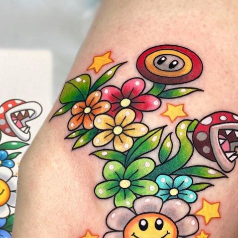 Mario Flower Tattoo, Super Mario Bros Tattoos, Nintendo Tattoo Ideas, Super Mario Tattoo, Nintendo Tattoo, Pastel Tattoo, Peach Tattoo, Mario Tattoo, Tattoo Foot