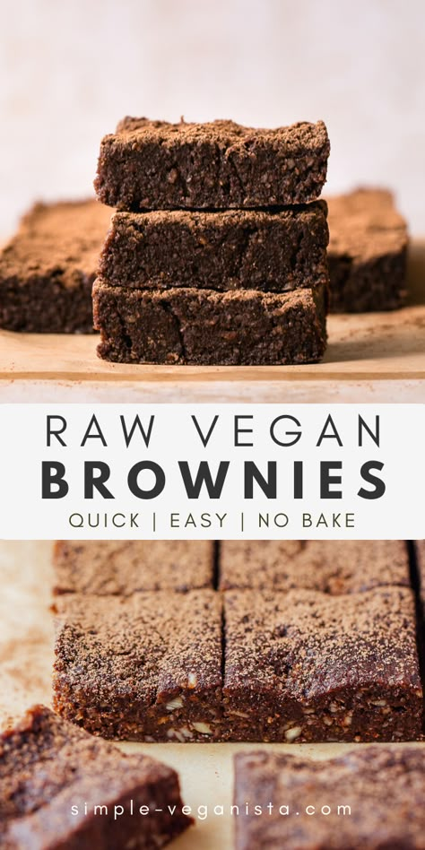 Raw Date Brownies, Raw Brownies Vegan, Raw Vegan Baking, Vegan Date Recipes Healthy, Raw Sweets Recipes, No Bake Vegan Brownies, Raw Vegan Sweets, Raw Vegan Treats, Raw Vegan Desserts Easy