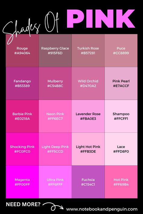 Pink Color Palette Names, Pink Room Color Ideas, Barbie Pink Hex Code, Pink Shades Color Colour Palettes, Shade Of Pink Wedding, Pretty Pink Color Palette, Pink Shades Name, Pink Colours Shades, Shades Of Colors Colour Palettes