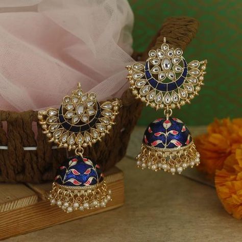 Royal Blue Chandrami Wedding Jewellery Jhumki Earrings - Bling Bag Blue Earrings Wedding Indian, Blue Jhumka Earrings, Blue Earrings Indian, Blue Jhumka, Traditional Jhumkas, Indian Ornaments, Rajasthani Jewelry, Royal Blue Jewelry, Wedding Jewelry Indian