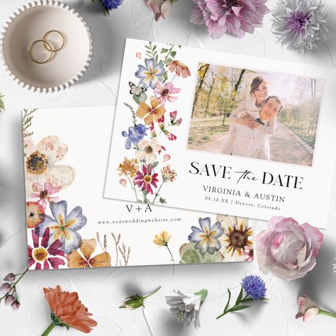 Boho Wedding Simple, Colorful Save The Date, Popular Wedding Invitations, Rustic Wedding Save The Dates, Bright Wedding Colors, Colorful Wedding Invitations, Rustic Save The Dates, Rustic Boho Wedding, Wildflower Meadow