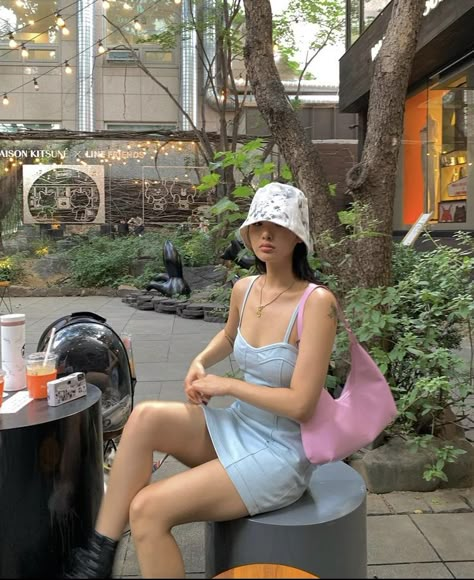 Bangkok Fashion Outfits, Pastel Minimalist Aesthetic, Concert Outfit Dress, Pink Prada Bag, Dress Black Boots, Prada Aesthetic, Pink Prada, Euphoria Aesthetic, Bucket Hat Fashion