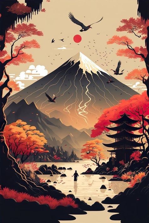 Japanese Style Art, Squash Blossom Jewelry, Asian Artwork, Japanese Mountains, Japanese Art Print, Star Trek Show, First Day Of Winter, Japan Painting, Mountain Forest