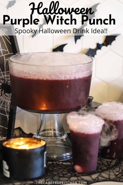 This Purple Halloween Punch is a fun and easy non-alcoholic Halloween punch for kids. For an extra spooky Halloween touch, add a little dry ice and serve in decorative cups. #thecarefreekitchen #punch #drink #halloween #purplepeopleeater #Koolaid #nonalocholicdrinks Purple Party Punch, Purple Halloween Punch, Witch Punch, Purple Punch Recipes, Halloween Punch Alcohol, Dry Ice Drinks, Punch For Kids, Halloween Punch For Kids, Punch Recipes For Kids