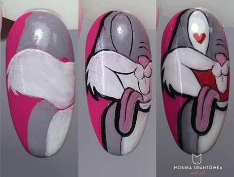 Drawing Ideas For Nails, Bugs Bunny Valentine Nails, Valentine Character Nails, How To Draw On Nails Step By Step, Nails With Cartoon Characters, Bugs Bunny Nail Art, Nail Character Designs, Cartoon Nail Designs Step By Step, Cartoon Nail Art Step By Step