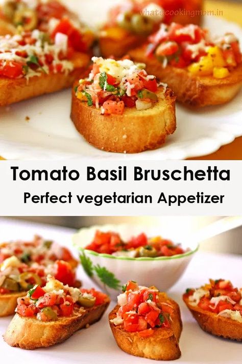 Vegetarian Starters Appetizers, Finger Foods Appetizer Recipes Vegetarian, Tomato Basil Bruschetta, Appetizer Vegetarian, Caprese Bruschetta, Winter Appetizers, Vegetarian Snack, Vegetarian Starters, Vegetarian Appetizer