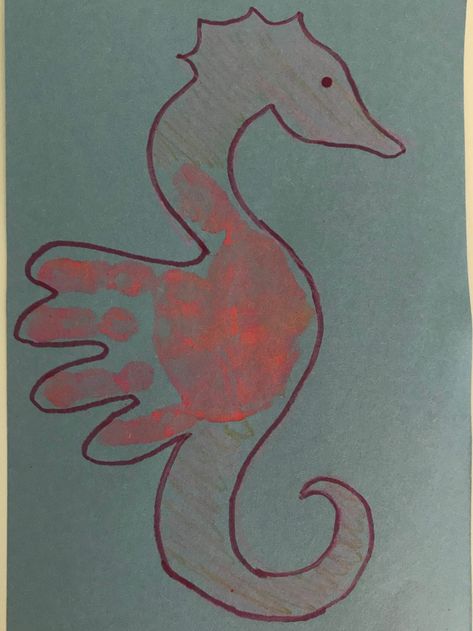 Ocean Animals Art For Toddlers, Ocean Handprint Art, Seahorse Craft For Toddlers, Seahorse Crafts For Toddlers, Seahorse Craft Preschool, Seahorse Craft, Ocean Crafts Preschool, Handprint Art Kids, Dolphin Craft