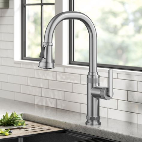 Industrial Faucet, Black Stainless Steel Kitchen, Bold Centerpieces, Best Kitchen Faucets, Modern Kitchen Faucet, Narrow Lot House, Kitchen Faucet With Sprayer, Brass Kitchen Faucet, Black Kitchen Faucets