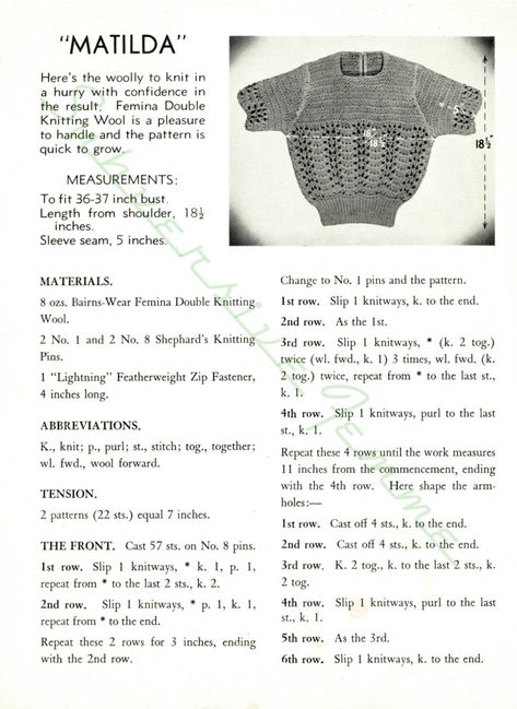 Free knitting pattern: Matilda, a garter and lace stitch jumper (Bairns-wear 628) - Subversive Femme Historical Knitting, Historical Clothing Patterns, Knitted Stuff, Free Friday, Creative Knitting, Vintage Crochet Patterns, Jumper Knitting Pattern, Vintage Knitwear, Jumper Patterns