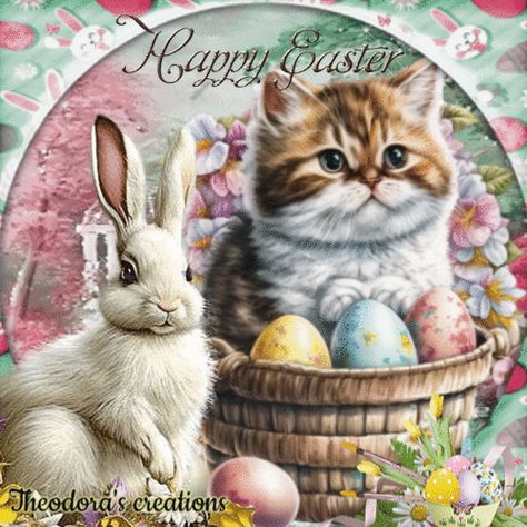 Bunny and cat Bunny And Cat, Monday Cat, Cat Easter, Happy Greetings, Easter Cats, Cute Good Morning Images, Cute Good Morning, Good Morning Images, Morning Images