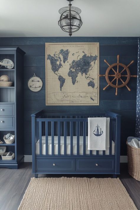 Nautical Explorer Nursery showcases maritime artifacts and navy blue tones for a calming, adventurous nursery room vintage theme. Click here to discover more nautical nursery ideas. Baby Boy Nautical Nursery, Navy Baby Room, Navy Blue Baby Room, Navy Blue Nursery Boy, Bedroom Master Ideas, Vintage Nursery Room, Nautical Boy Room, Nautical Nursery Ideas, Nursery Room Decor Ideas