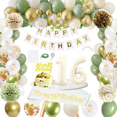 PRICES MAY VARY. SAGE GREEN 16TH BIRTHDAY DECORATIONS: Including 1 piece Happy Birthday Banner, 1+6 numeral balloons 32", 1 piece white gold 16th birthday sash 160*9.5cm, 1 piece gold birthday crown, 15 piece green balloons 10", 5 piece gold balloons 10", 5 piece sand white balloons 10", 5 piece white birthday pattern balloons 12", 3 piece metal green balloons 10", 3 piece gold confetti balloons 12", 3 piece white balloons, 1 piece of cake topper, 1 pieces 10m gold band, 16 foot balloon chain, 3 Birthday Sash, Banner Birthday, Happy Birthday Banner, Confetti Balloons, Birthday Banner, Green And Gold, Birthday Decorations, Sage Green, Confetti