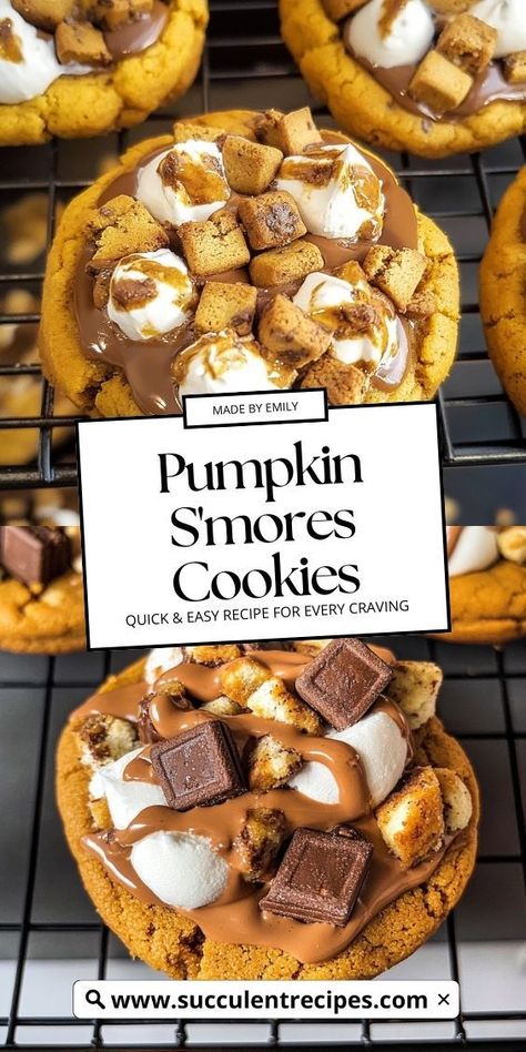 These Delicious Pumpkin S'mores Cookies combine the flavors of fall with the classic s'mores treat! Soft, chewy pumpkin cookies are filled with gooey chocolate and marshmallows, creating a delightful twist on the traditional s'mores that’s perfect for autumn gatherings. Chewy Pumpkin Cookies, Chocolate Dipped Pretzel Rods, Dipped Pretzel Rods, Fall Cookie Recipes, S Mores Cookies, Smores Cookies, Delicious Pumpkin, Halloween Desserts, Pumpkin Cookies