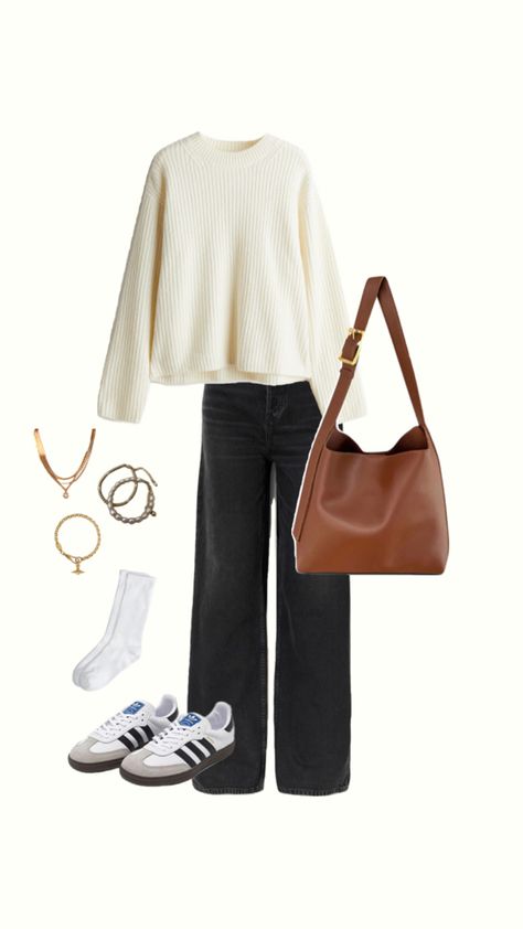 sambas white sweater black grey dark jeans white socks gold jewellery brown bag fall autumn outfit inspo fit Black Jeans White Sweater Outfit, Black Jeans Fall Outfit, Brown Purse Outfit, Sambas White, Autumn Outfit Inspo, White Sweater Outfit, Purse Outfit, Jeans Outfit Fall, Fall 24