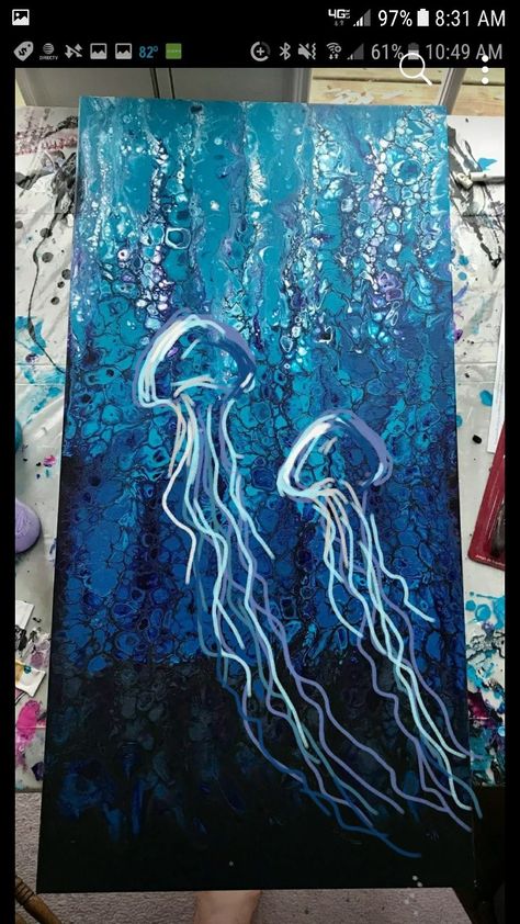 Alcohol ink jellyfish Jellyfish Abstract Art, Painting On Blue Background, Embellished Paint Pour, Jelly Fish Painting Acrylic Step By Step, Embellished Pour Painting, Jellyfish Art Acrylic, Jellyfish Painting Acrylic Easy, Paintings Jellyfish, Jellyfish Painting Acrylic