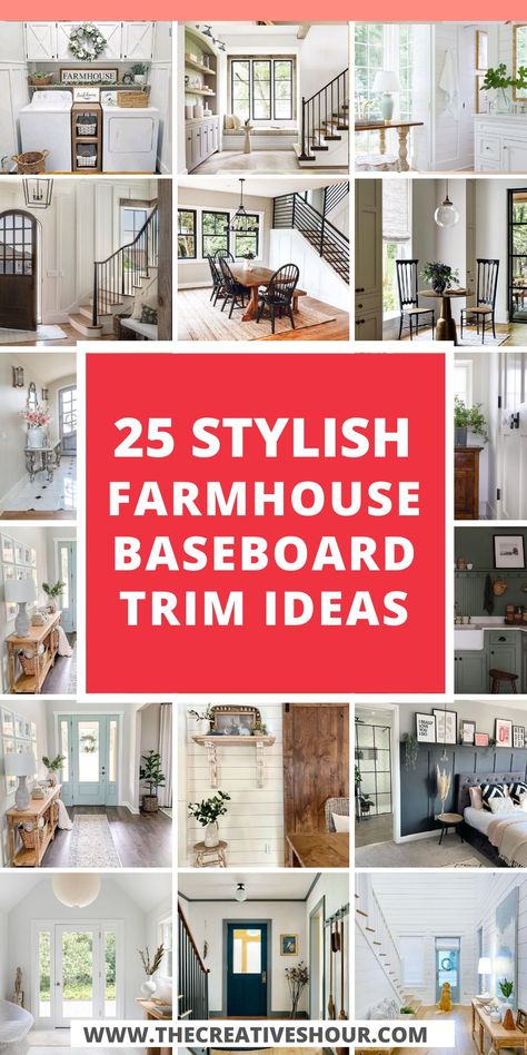 Elevate your home's style with modern farmhouse baseboard trim ideas! Discover creative floor molding designs, incorporating wood, square profiles, and the timeless appeal of dark or white finishes. Perfect for both interior and exterior spaces. #FarmhouseBaseboardTrim #ModernDesign #WoodTrimIdeas Farmhouse Style Baseboards, Dark Window Trim White Baseboards, Base Trim Color Ideas, Farmhouse Style Trim And Baseboards, Window Trim Styles Farmhouse, Modern Farmhouse Molding And Trim, Stained Baseboards And Trim Farmhouse, Floor Trim Ideas Baseboards Modern, Baseboard And Window Trim Ideas